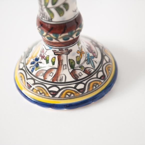 French Majolica Style Hand Painted Ceramic Taper Candle Stick Holder - Picture 8 of 8